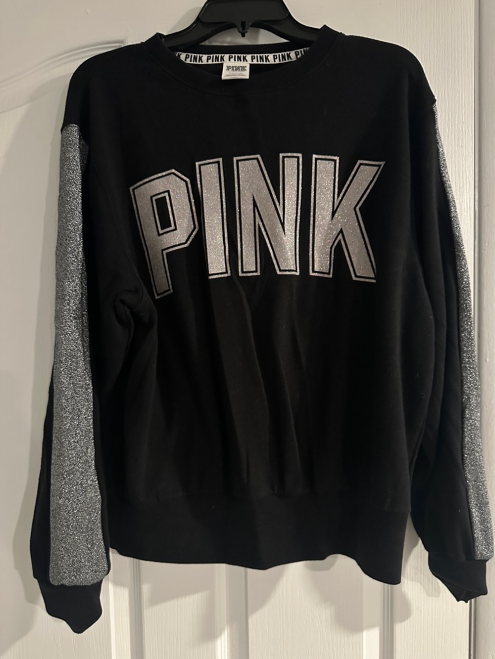 PINK Victoria's Secret Black Crewneck Sweatshirt with Silver Glitter Panels